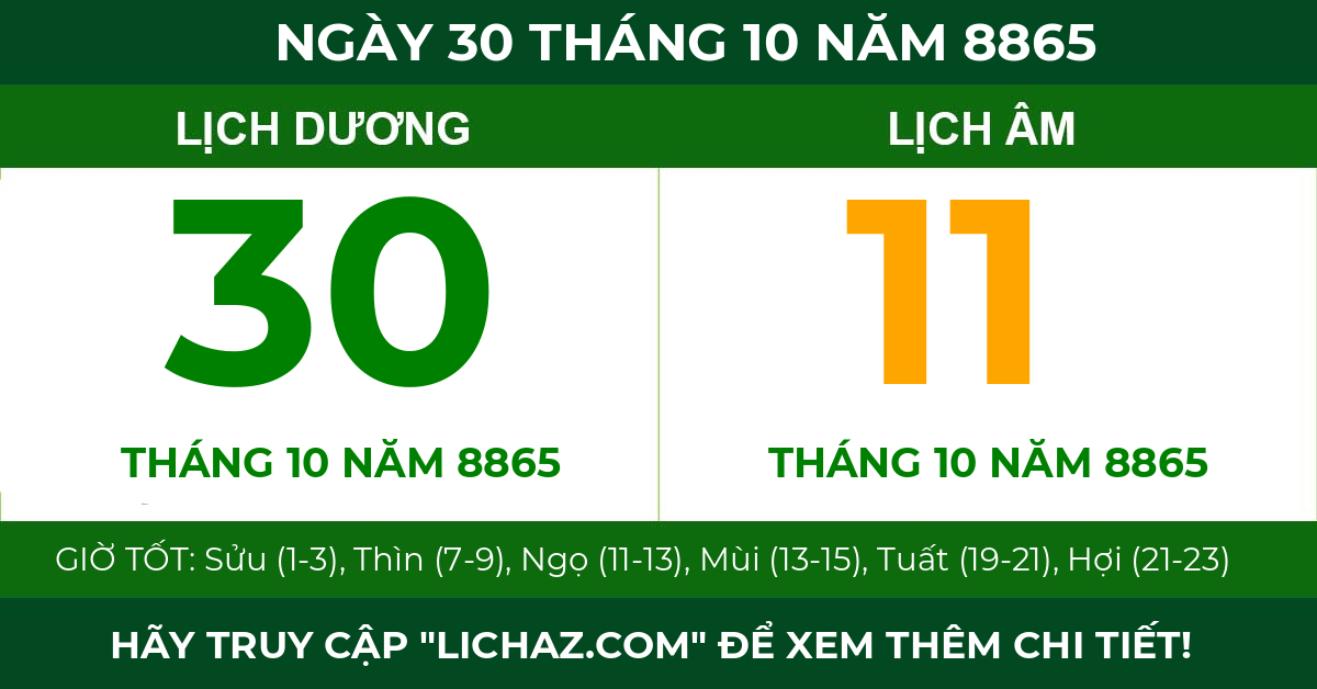 lịch âm ngày 30 tháng 10 năm 8865