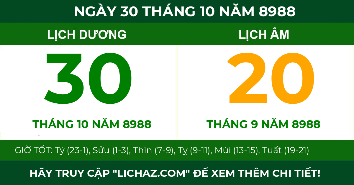 lịch âm ngày 30 tháng 10 năm 8988