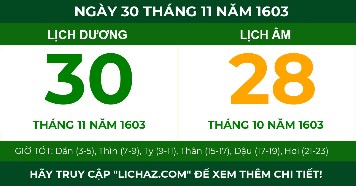 lịch âm ngày 30 tháng 11 năm 1603