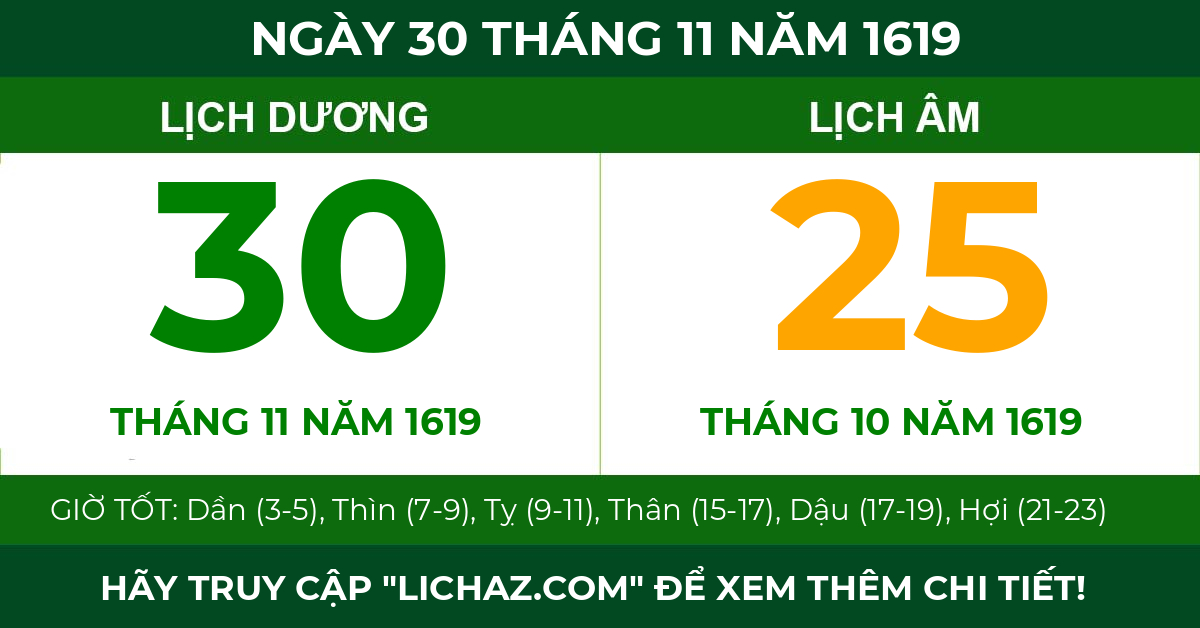 lịch âm ngày 30 tháng 11 năm 1619