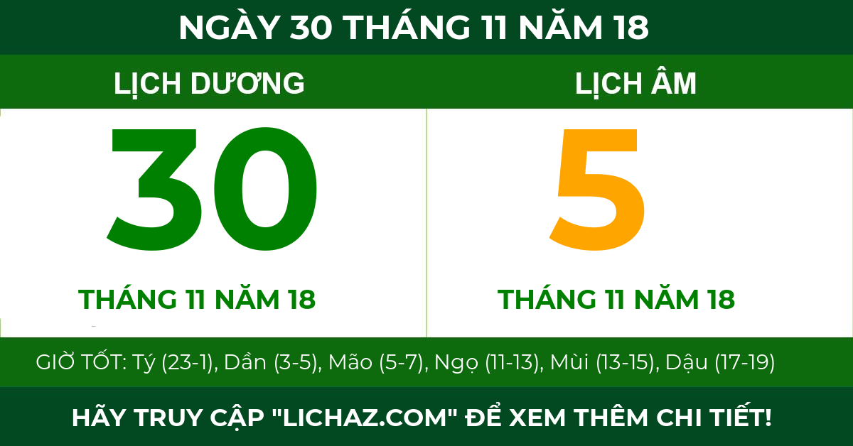 lịch âm ngày 30 tháng 11 năm 18