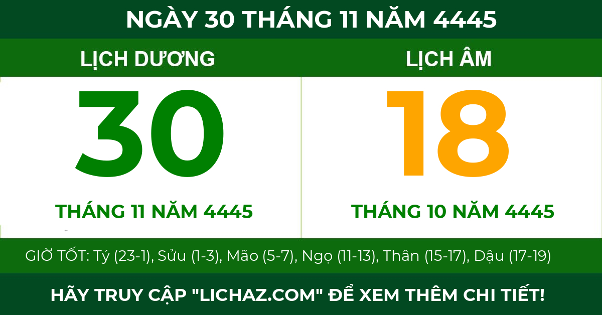 lịch âm ngày 30 tháng 11 năm 4445
