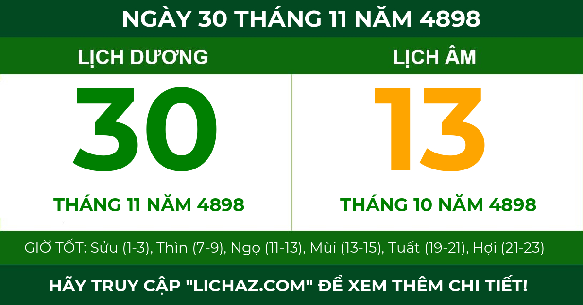 lịch âm ngày 30 tháng 11 năm 4898