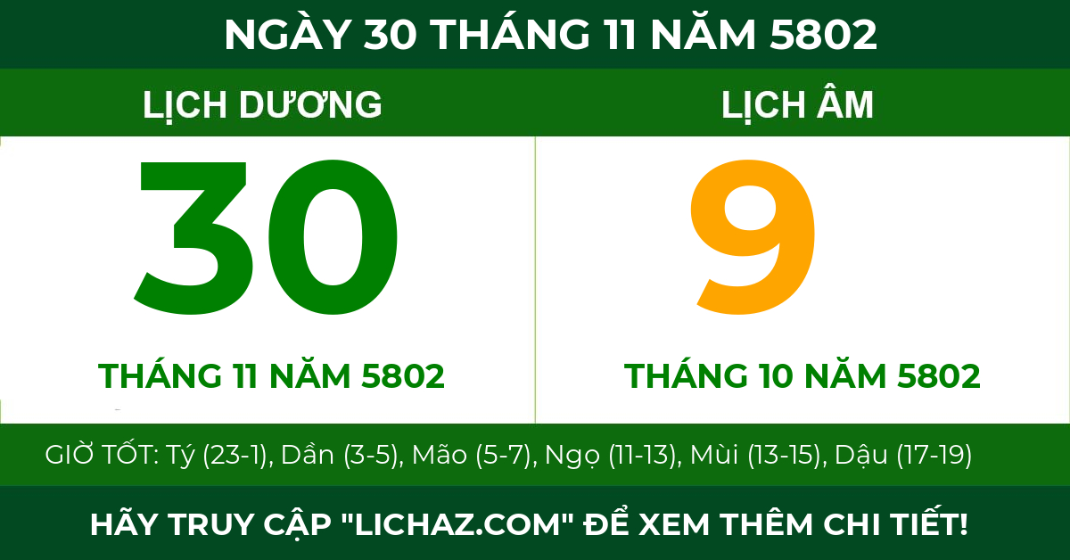 lịch âm ngày 30 tháng 11 năm 5802