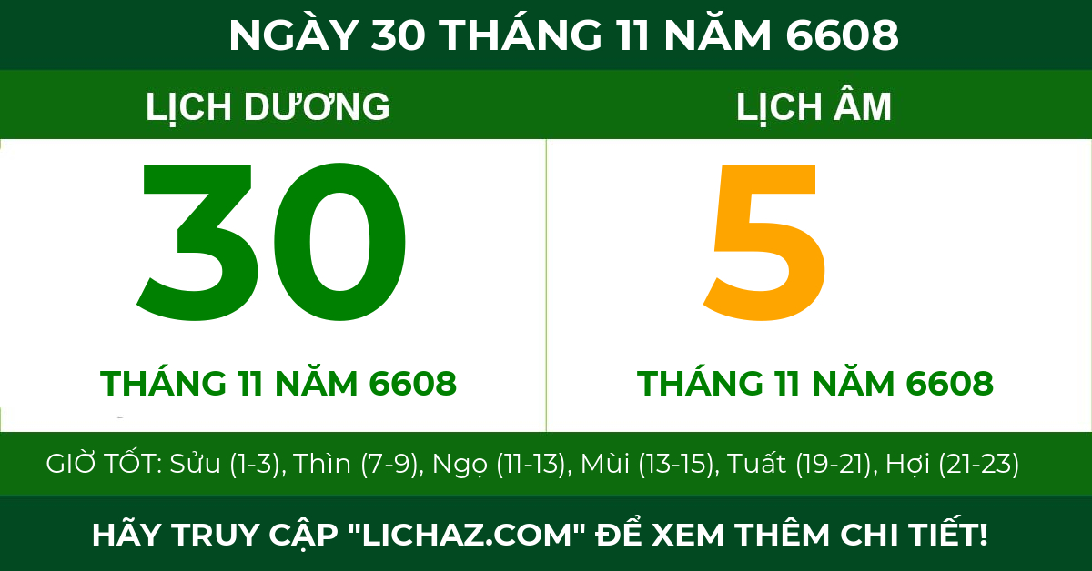 lịch âm ngày 30 tháng 11 năm 6608