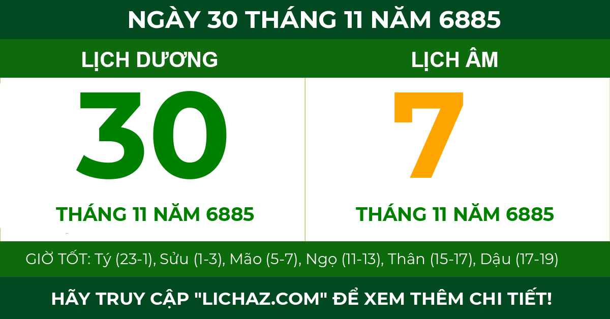 lịch âm ngày 30 tháng 11 năm 6885