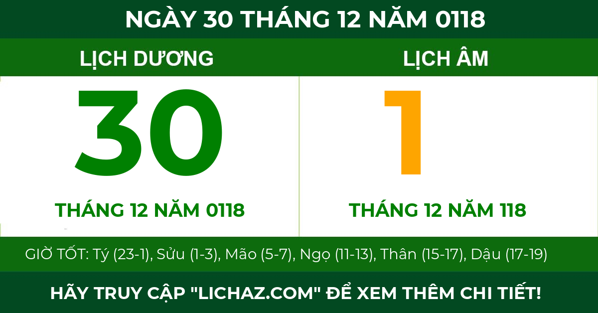 lịch âm ngày 30 tháng 12 năm 0118