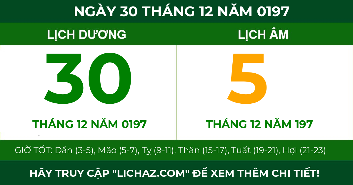 lịch âm ngày 30 tháng 12 năm 0197