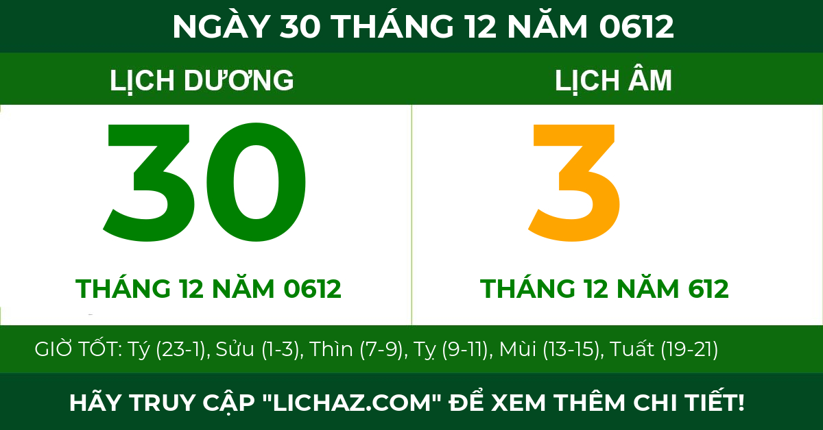 lịch âm ngày 30 tháng 12 năm 0612
