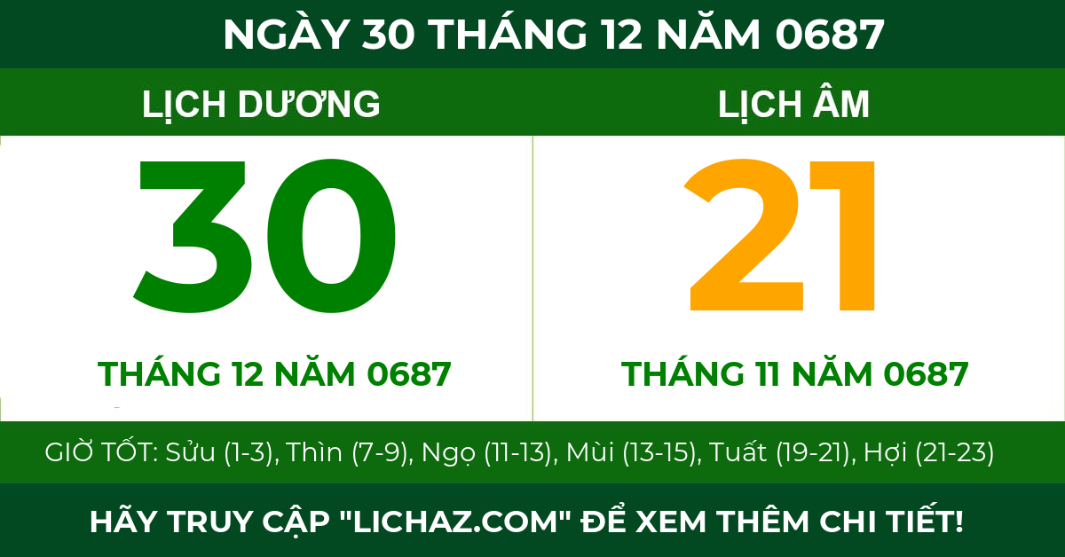 lịch âm ngày 30 tháng 12 năm 0687