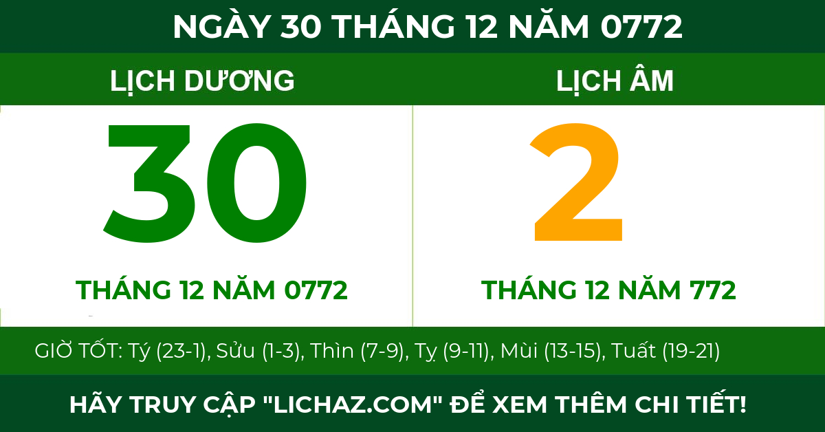 lịch âm ngày 30 tháng 12 năm 0772