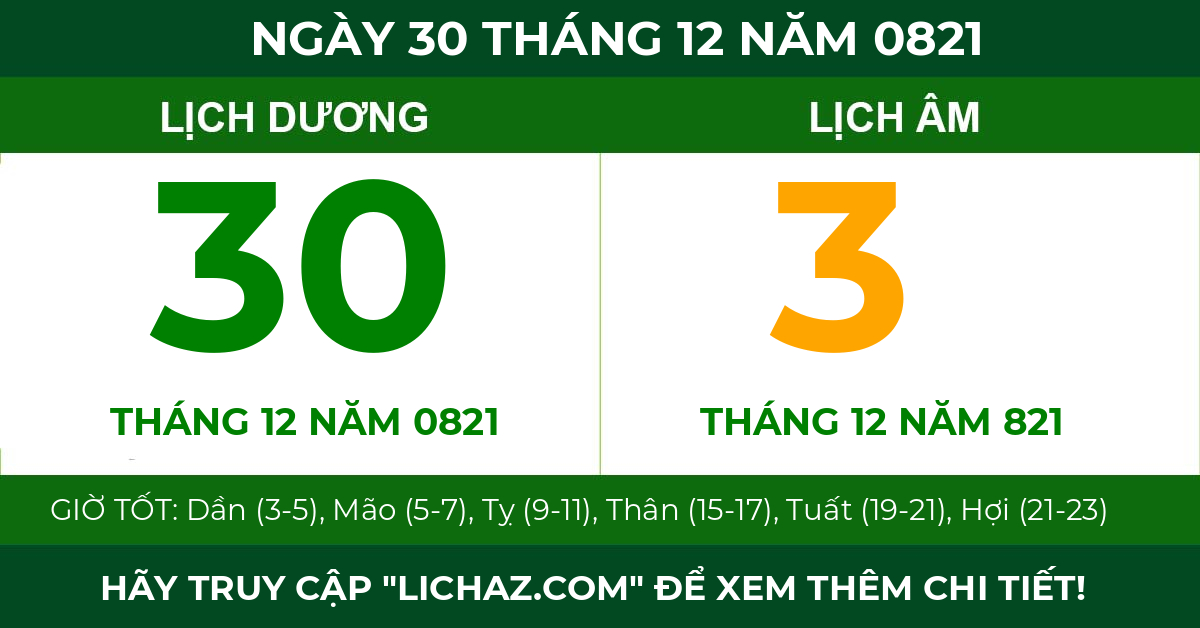 lịch âm ngày 30 tháng 12 năm 0821