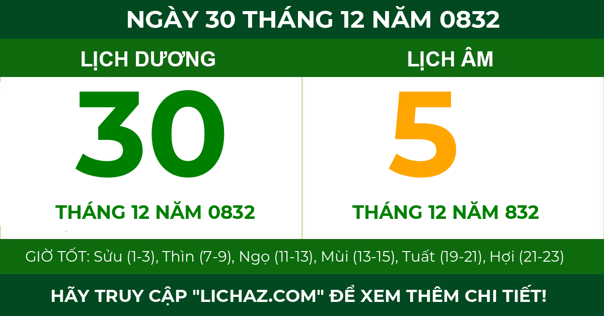 lịch âm ngày 30 tháng 12 năm 0832