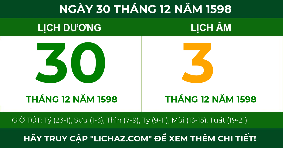 lịch âm ngày 30 tháng 12 năm 1598