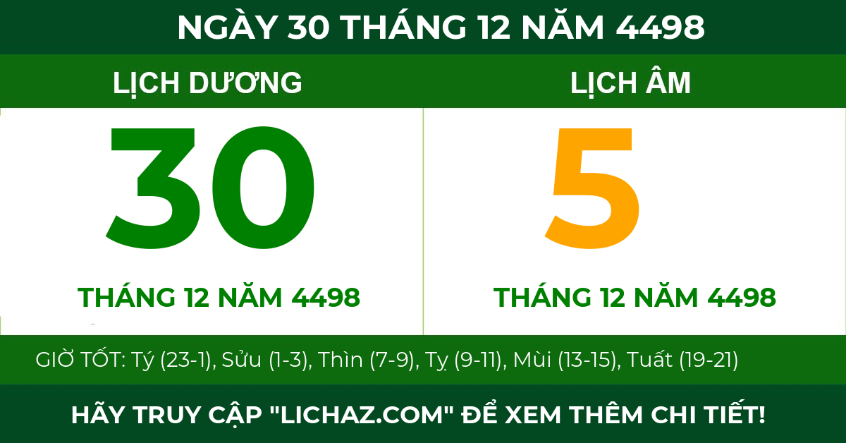 lịch âm ngày 30 tháng 12 năm 4498