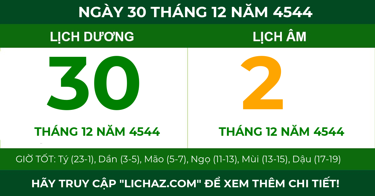 lịch âm ngày 30 tháng 12 năm 4544