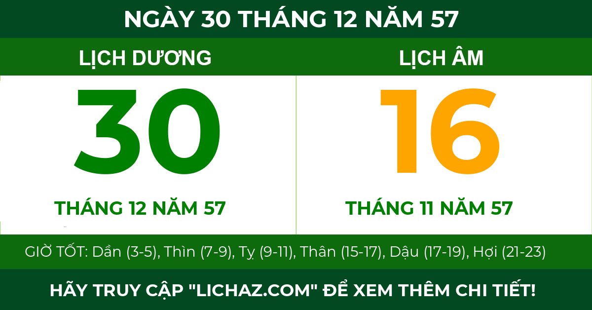 lịch âm ngày 30 tháng 12 năm 57