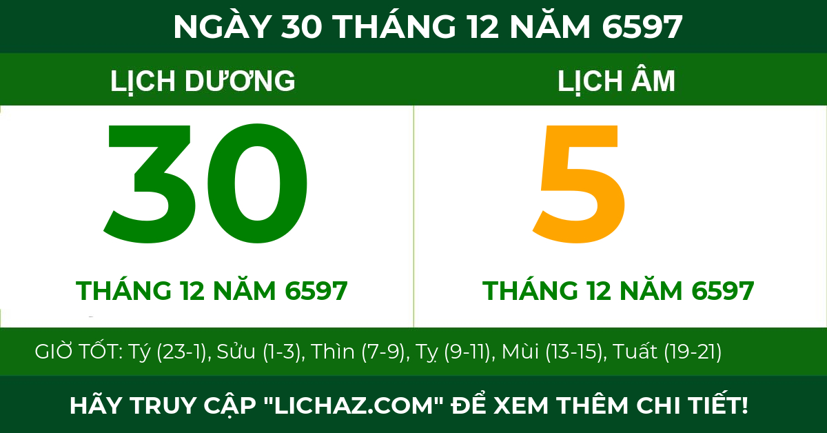 lịch âm ngày 30 tháng 12 năm 6597