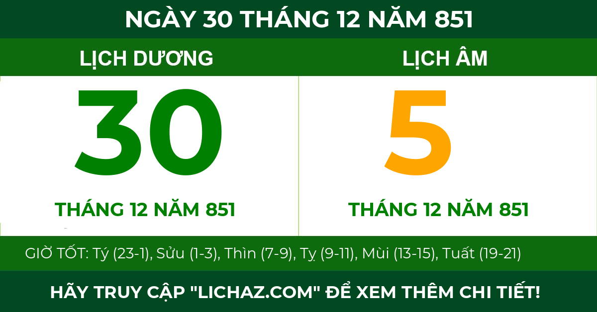 lịch âm ngày 30 tháng 12 năm 851