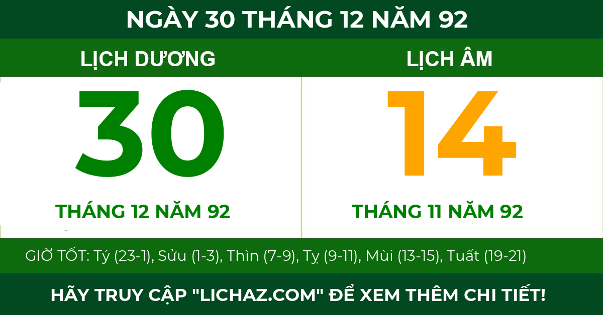lịch âm ngày 30 tháng 12 năm 92