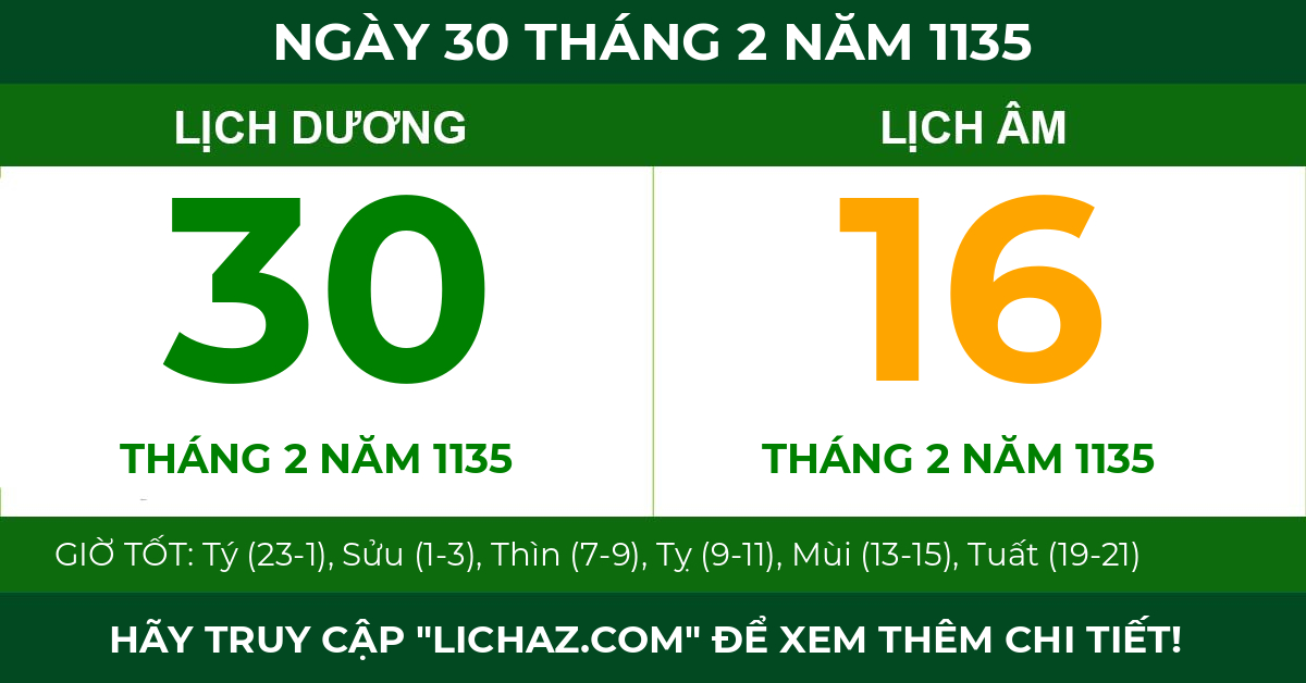 lịch âm ngày 30 tháng 2 năm 1135