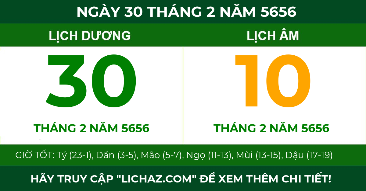 lịch âm ngày 30 tháng 2 năm 5656