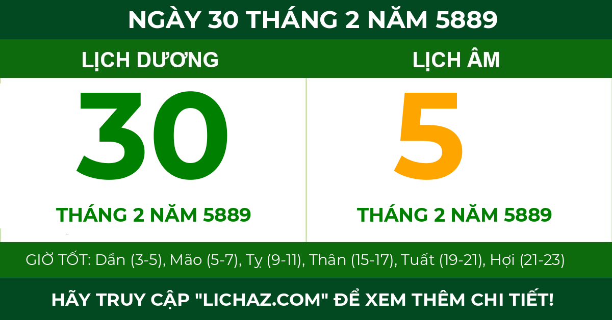 lịch âm ngày 30 tháng 2 năm 5889