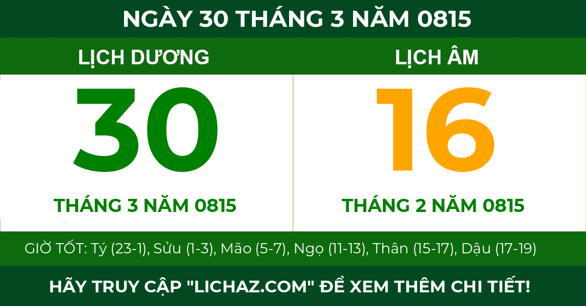 lịch âm ngày 30 tháng 3 năm 0815