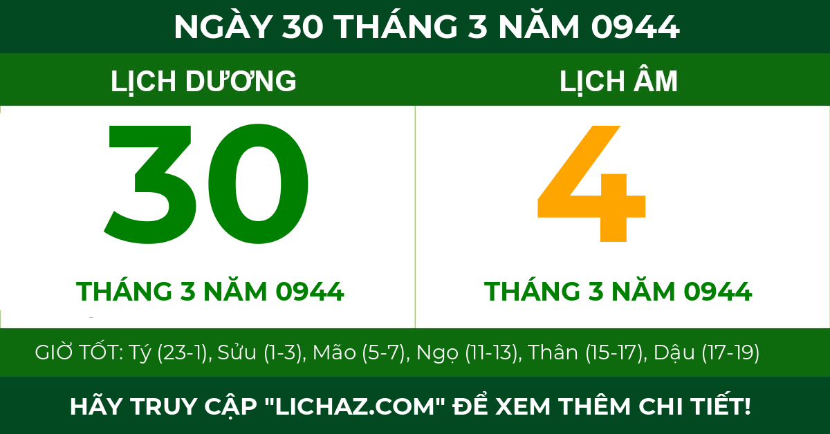 lịch âm ngày 30 tháng 3 năm 0944