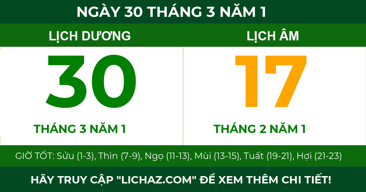 lịch âm ngày 30 tháng 3 năm 1