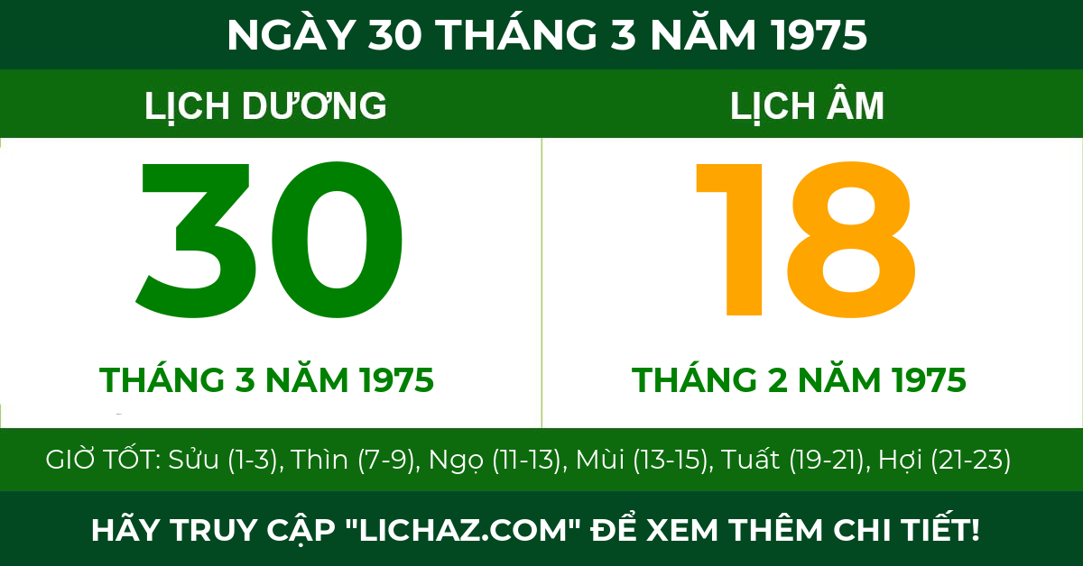 lịch âm ngày 30 tháng 3 năm 1975