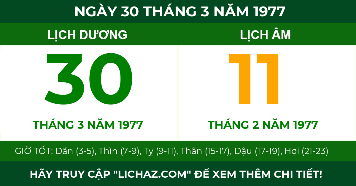 lịch âm ngày 30 tháng 3 năm 1977