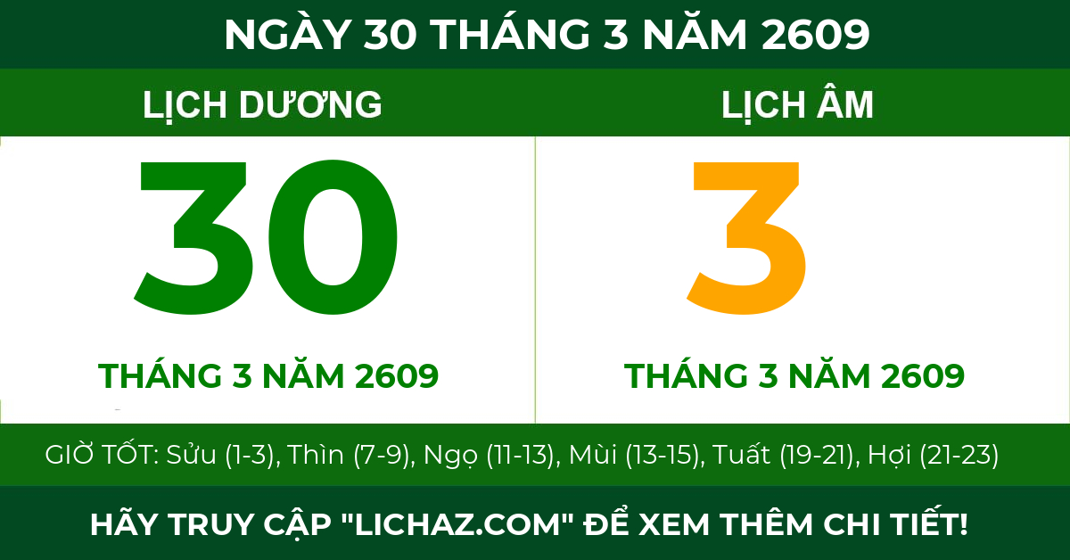 lịch âm ngày 30 tháng 3 năm 2609