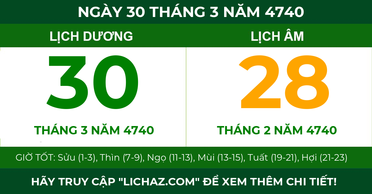lịch âm ngày 30 tháng 3 năm 4740