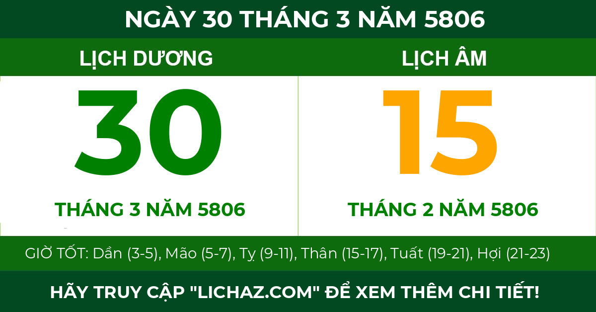 lịch âm ngày 30 tháng 3 năm 5806