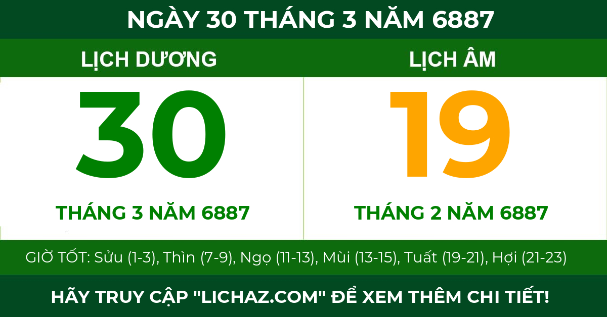 lịch âm ngày 30 tháng 3 năm 6887
