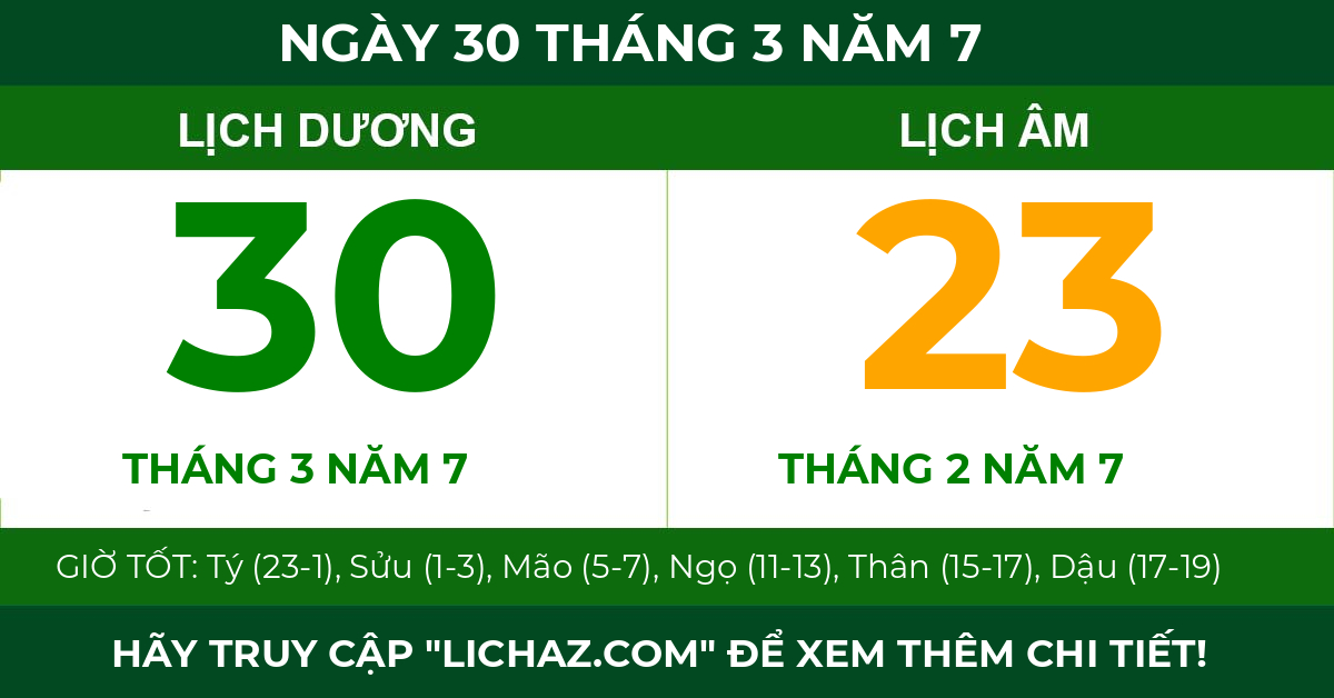 lịch âm ngày 30 tháng 3 năm 7