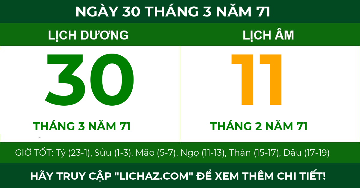 lịch âm ngày 30 tháng 3 năm 71