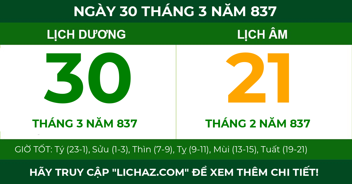 lịch âm ngày 30 tháng 3 năm 837
