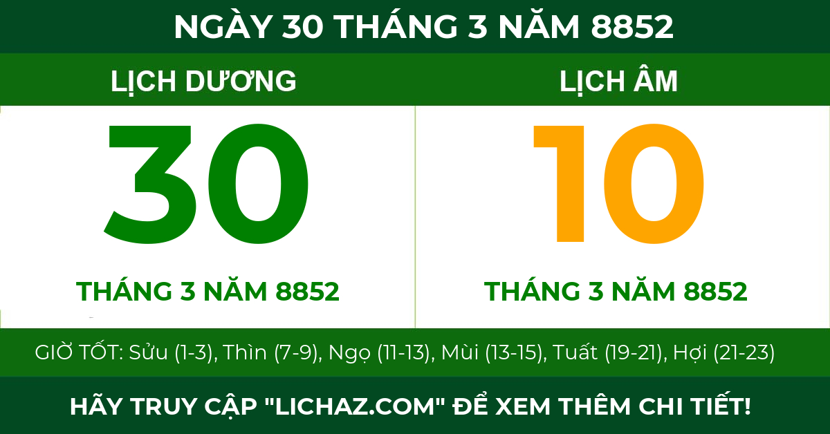 lịch âm ngày 30 tháng 3 năm 8852