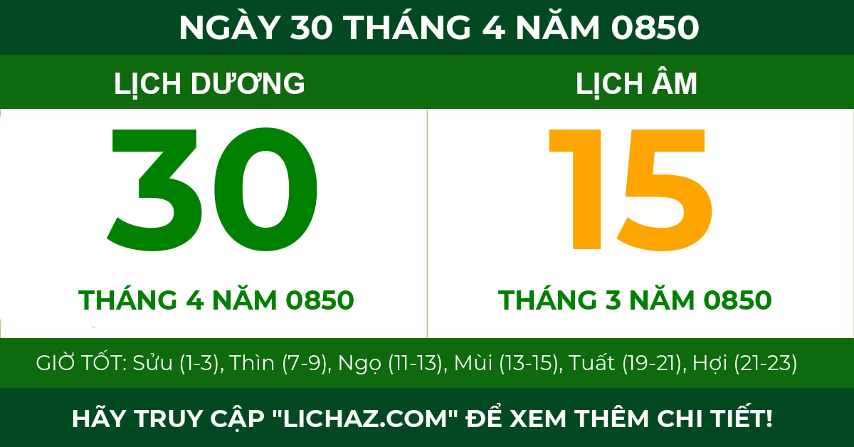 lịch âm ngày 30 tháng 4 năm 0850