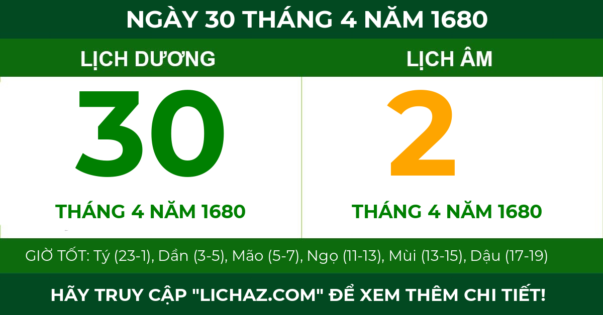 lịch âm ngày 30 tháng 4 năm 1680