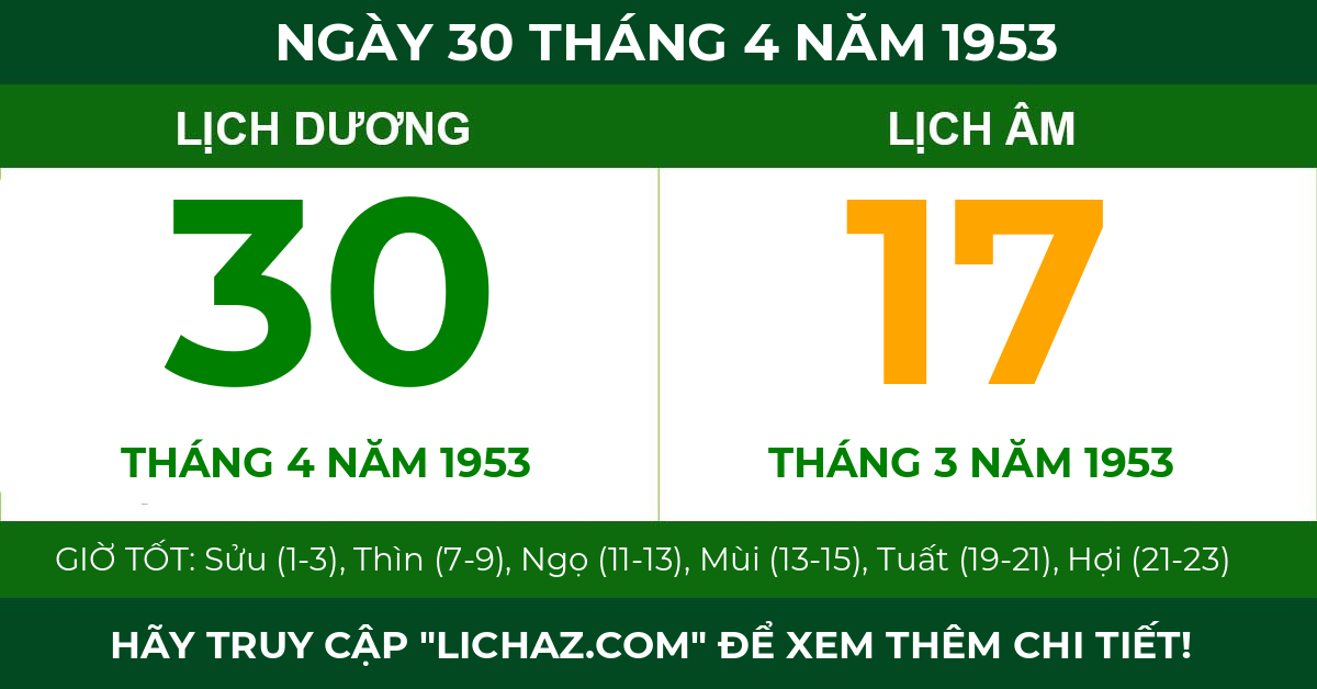 lịch âm ngày 30 tháng 4 năm 1953