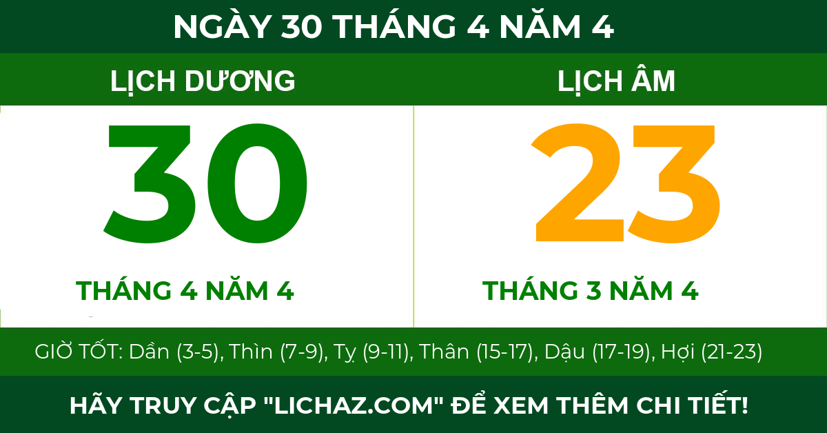 lịch âm ngày 30 tháng 4 năm 4