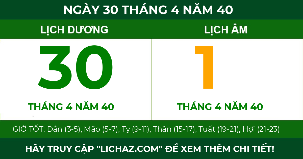 lịch âm ngày 30 tháng 4 năm 40