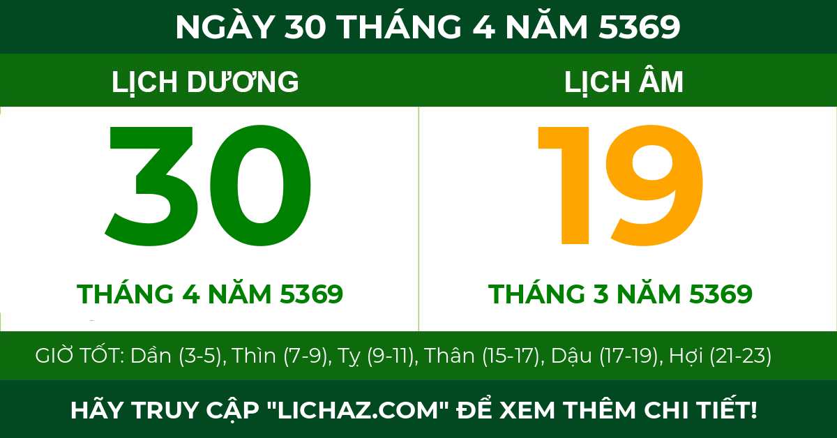 lịch âm ngày 30 tháng 4 năm 5369