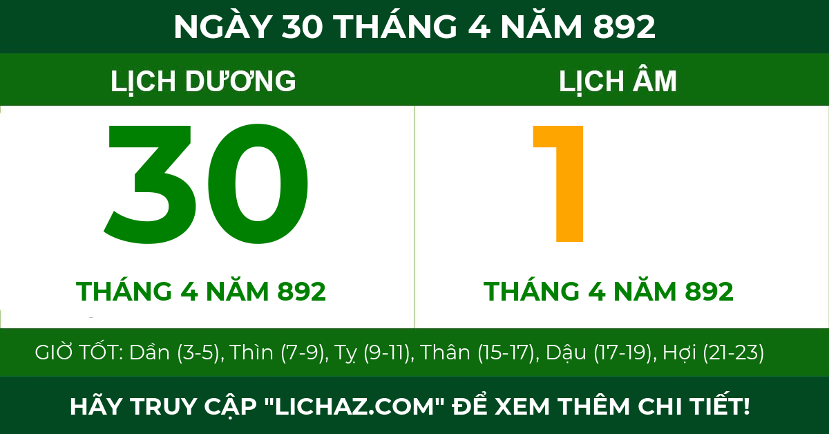 lịch âm ngày 30 tháng 4 năm 892
