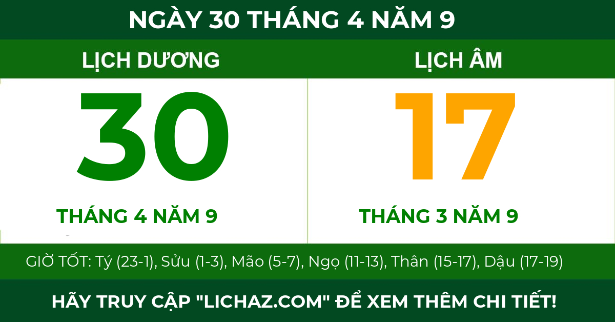 lịch âm ngày 30 tháng 4 năm 9