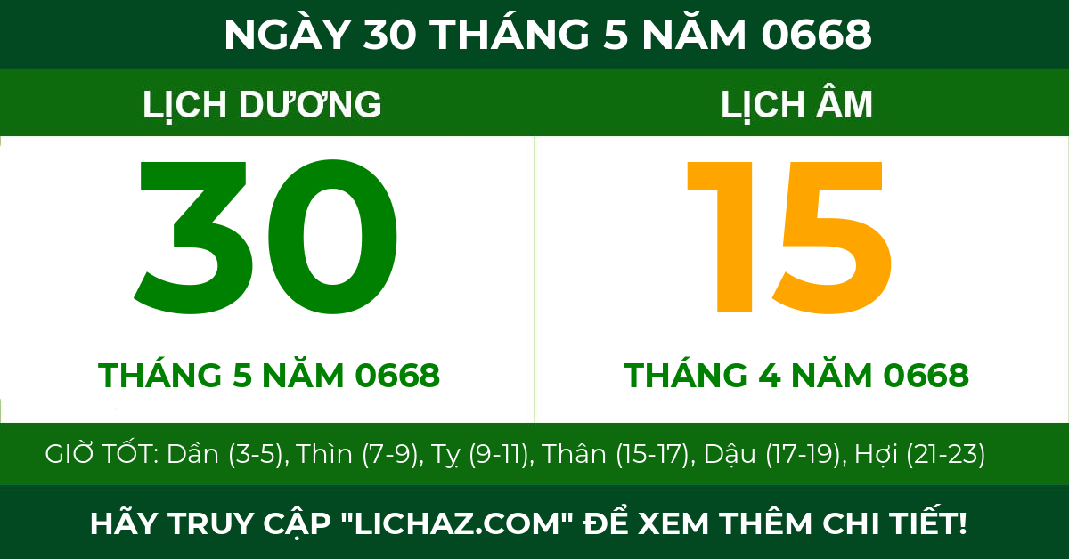 lịch âm ngày 30 tháng 5 năm 0668