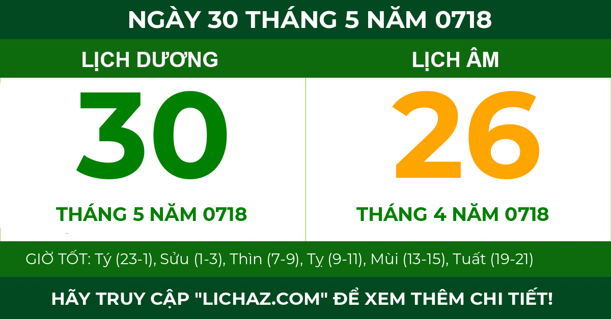 lịch âm ngày 30 tháng 5 năm 0718
